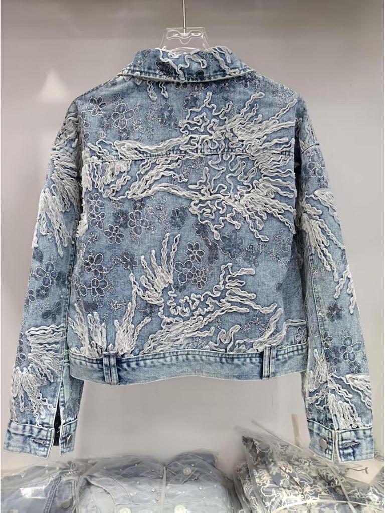 2025 Spring/Autumn Loose Lace Floral Embroidered Denim Jacket