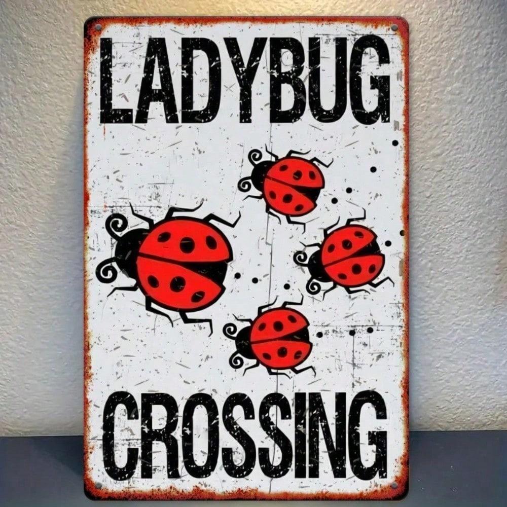 Vintage Ladybug Metal Tin Sign 8x12 Inch Distressed Red Black Wall Art Rustic Iron Decor Pre-Drilled Holes
