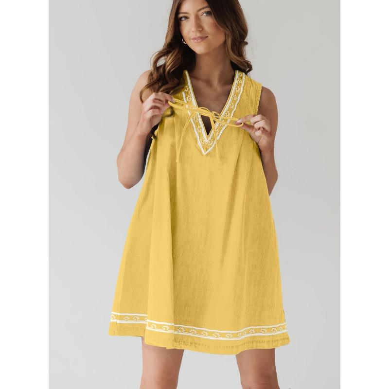 QICED Fashion Summer Spring Solid Color Print Sleeveless V-Neck Casual Dresses