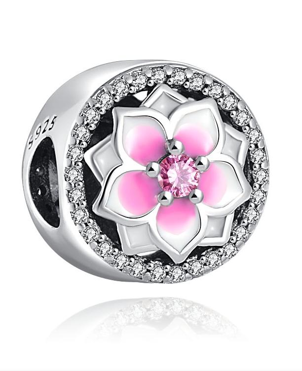 Spring Pink Blue Flower Charm Bead Component zircon rose Bead Component Copper Metal lotus tulip Pendant Bead Component Compatible With Authentic
