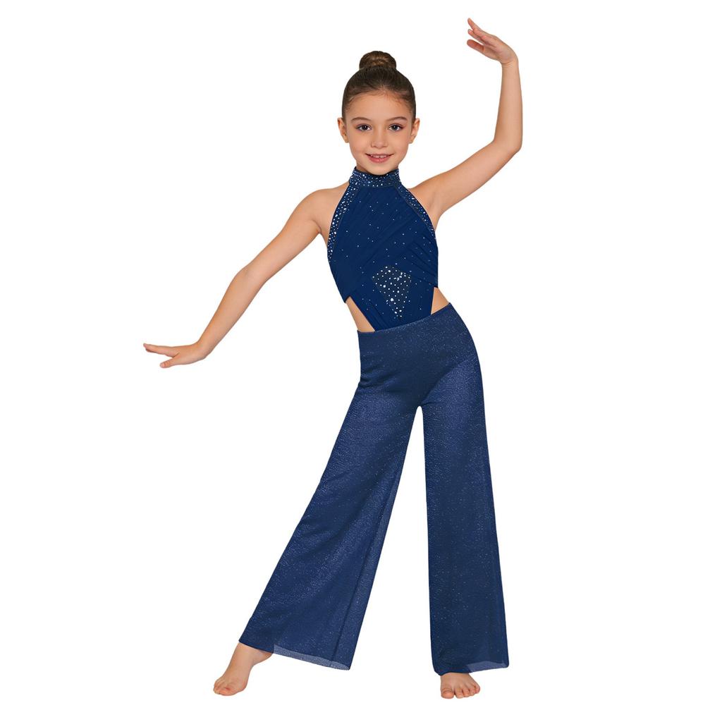 Tuta Larga da Ragazza Scollo all'Americana Senza Maniche Rucherata Rete Davanti Schiena con Laccetti Strass Costume da Ballo