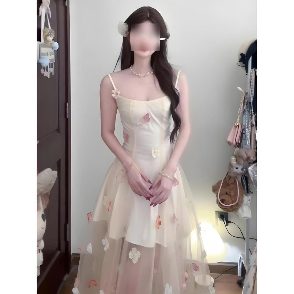 

Курортный нежный стиль темперамент талия сетка длинная юбка трехмерный цветок платье-комбинация XL- (recommended 110-60kg)