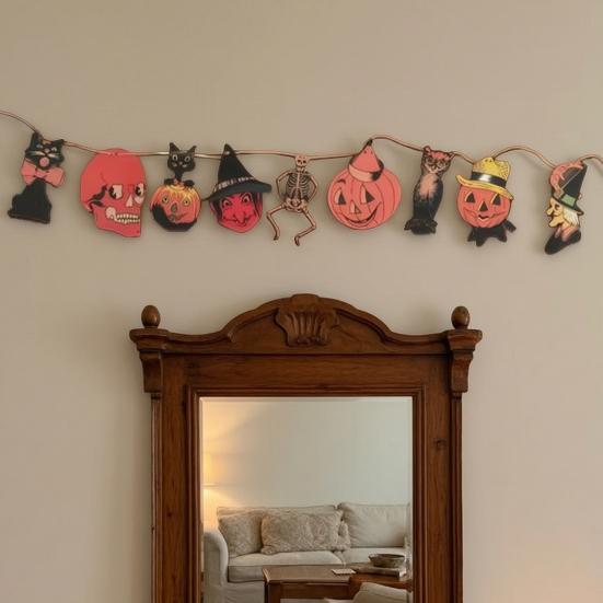 Vintage Halloween Wood Banner Spooky Pumpkin Skull Owl Witch Black Cat Hanging Bunting Garland for Farmhouse Horror Party Wall Decor
