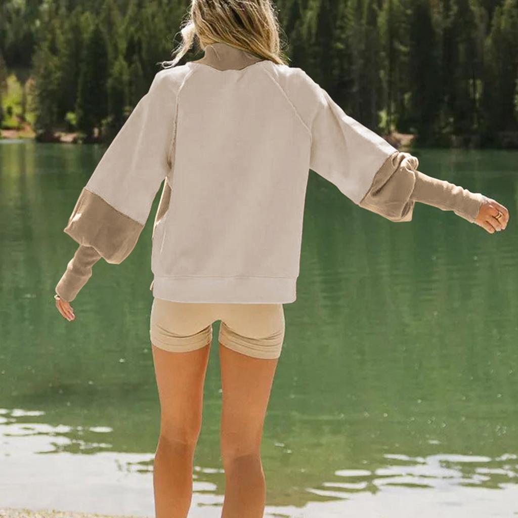 Damen Lockerer Und Bequemer Kontrastfarbiger Design-Hoodie Mit Ärmeln Halbochgeschlossener Kragen Langärmlig