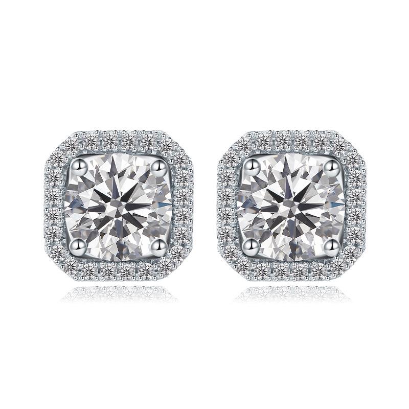 Square Moissanite 1 Carat Diamond Stud Earrings, S925 Silver, Four-Claw Design