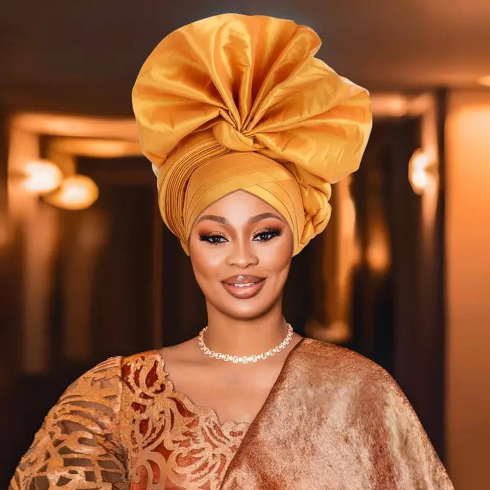 Yto Scarf Women's African Turban Cap Autogele Headtie Nigeria Raw Silk Fan Gele Wedding Party Head Wraps Headwear Turbante