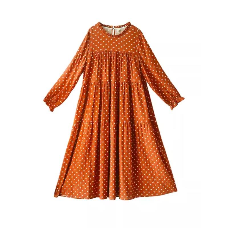 2025 spring new loose age reduction and thin splicing long dress retro printing polka dot long sleeve dress women