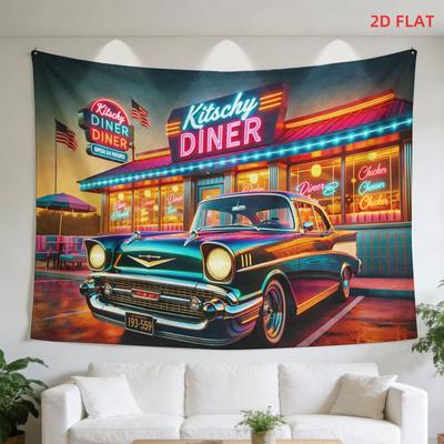 Retro Diner Tapestry Polyester Wall Hanging Classic Car Neon Lights Living Room  Wall Tapestry Aesthetic Room Decor