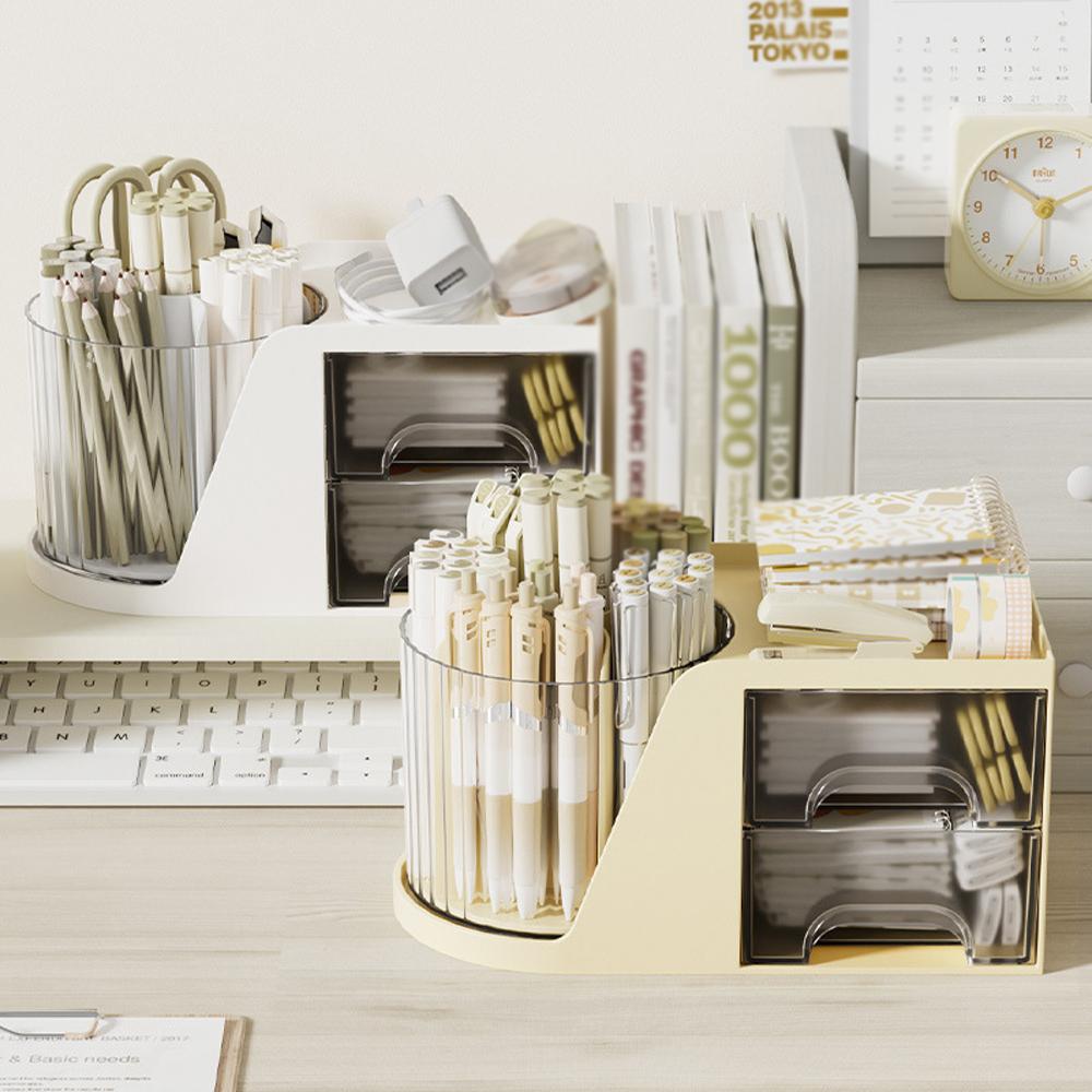 Rotating Pen Organizer with 2 Drawers Stationery Accessories Storage Box Multi-Functional Desk