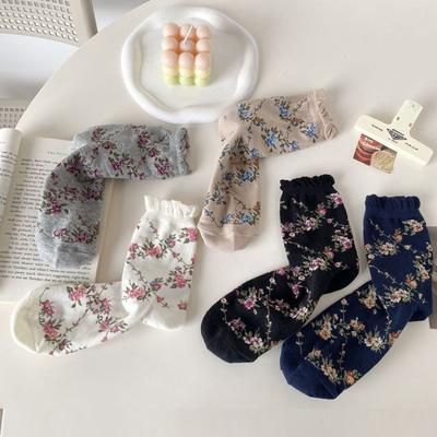 5 Paia Autunno Inverno Calzini a Tubo Medio Donna Moda Orlo Arricciato Stampa Floreale Calzini Donna Carini Dolci Lolita Casual Sokken Femme