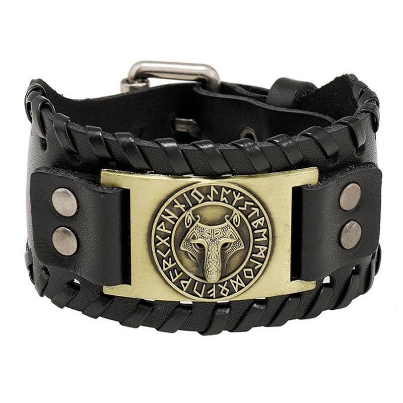 HNSP Wolf Rune Wrap Viking Leather Bracelet For Men Vintage Wide Bracelet Male  Accessory