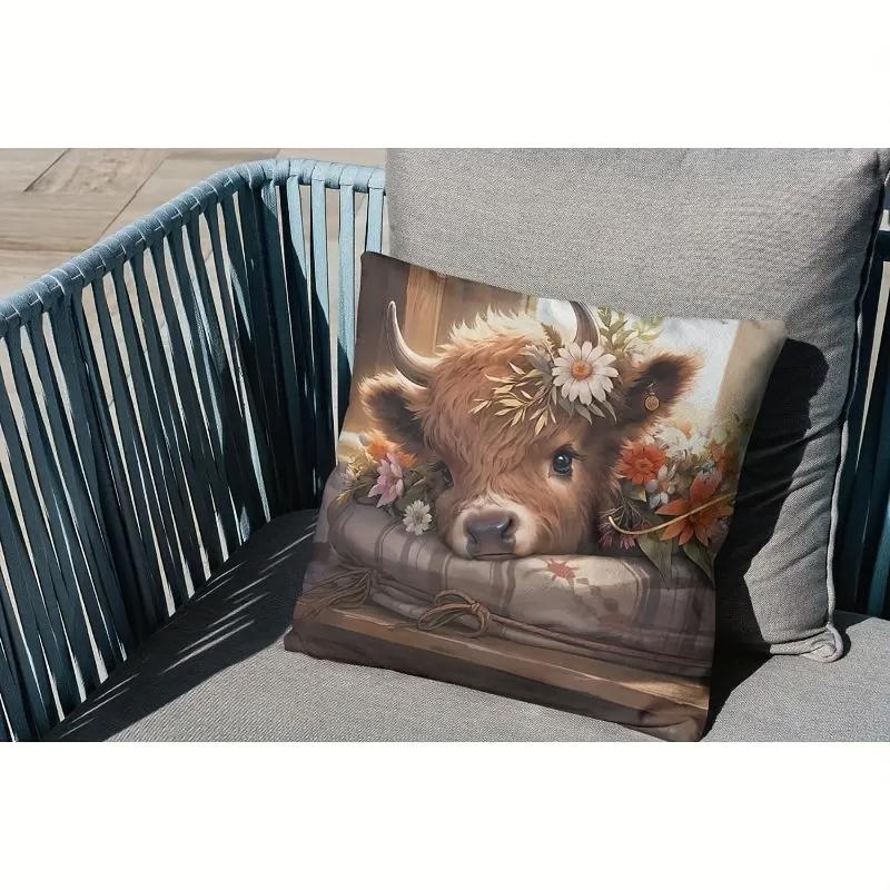 Highland Cow Throw Pillow Cover 1pc, Daisy Cow Pillowcase with Summer Floral Decor, Spring Flower Highland Cow Decorative Cushion