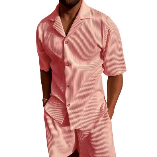 2Pcs/Set Men Outfit Lapel Short Sleeve Single Breasted Shirt Elastic Waist Pockets Wide Leg Shorts Set Waffle Texture Outfit