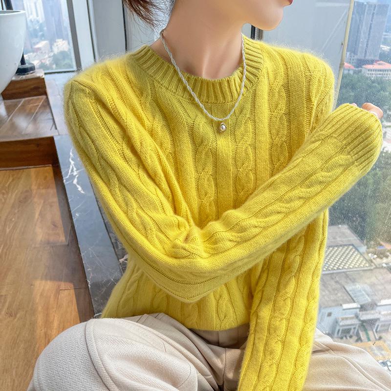 Autumn Winter Women's Thick Cashmere Round Neck Pullover - Retro Cable Knit Soft Sweater