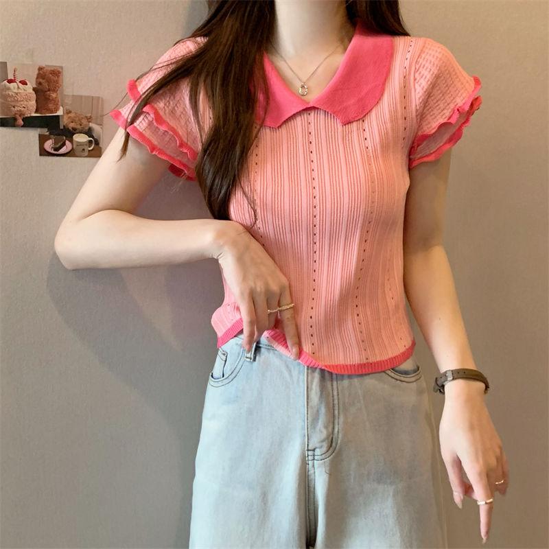 Hollow Out Top with High-end Design Niche Pink Doll Collar Thin Short Sleeved Knitted Shirt for Women Summer