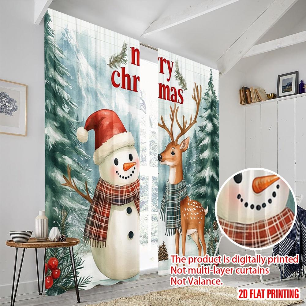 2pcs,2D Plane Printing Print Curtains Cute Deer Snowman Christmas Forest (2) Versatile 100% Polyester (without Rod) Art Deco