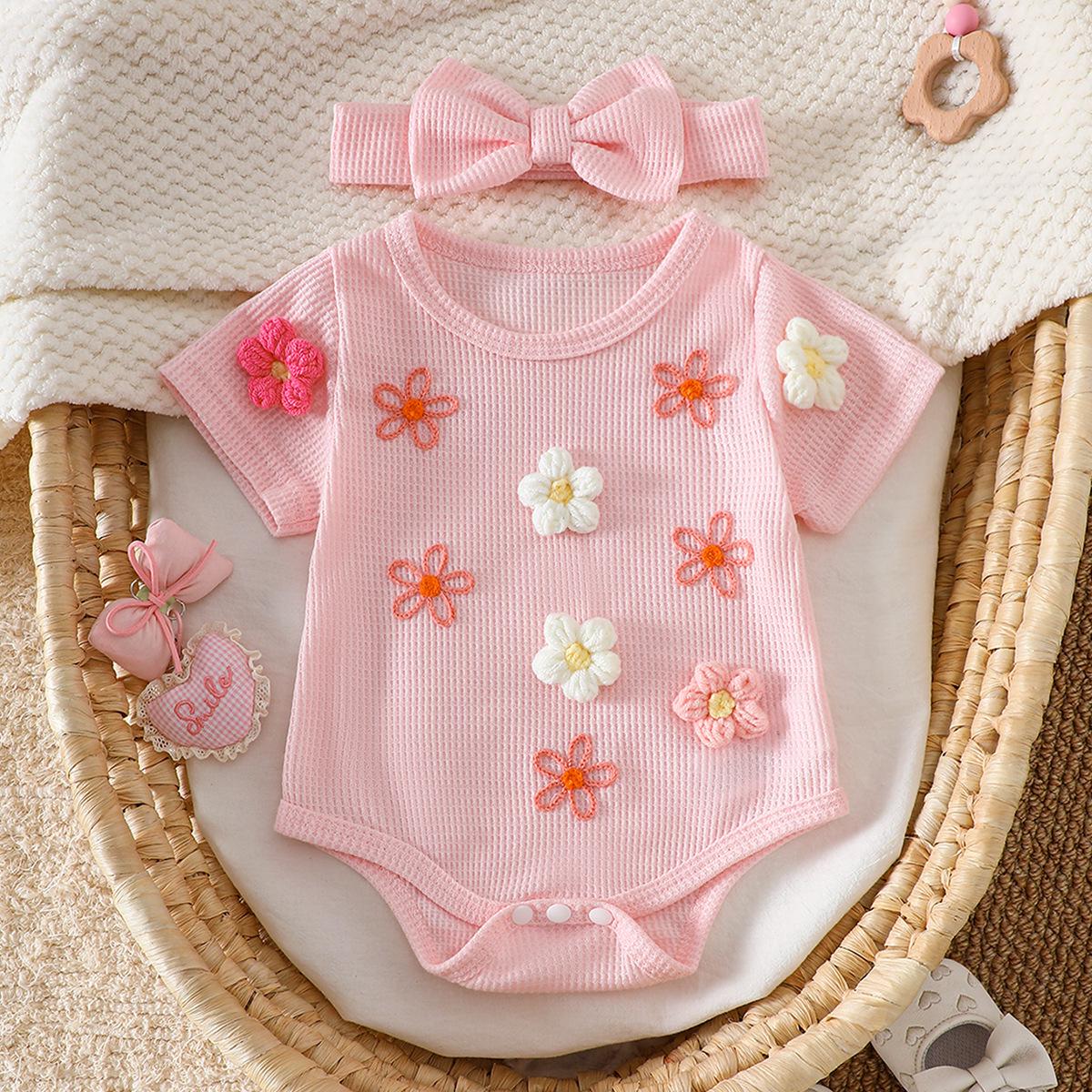 3D Floral Embroidered Baby Girl Romper & Headband Set 12-18 Months розовый