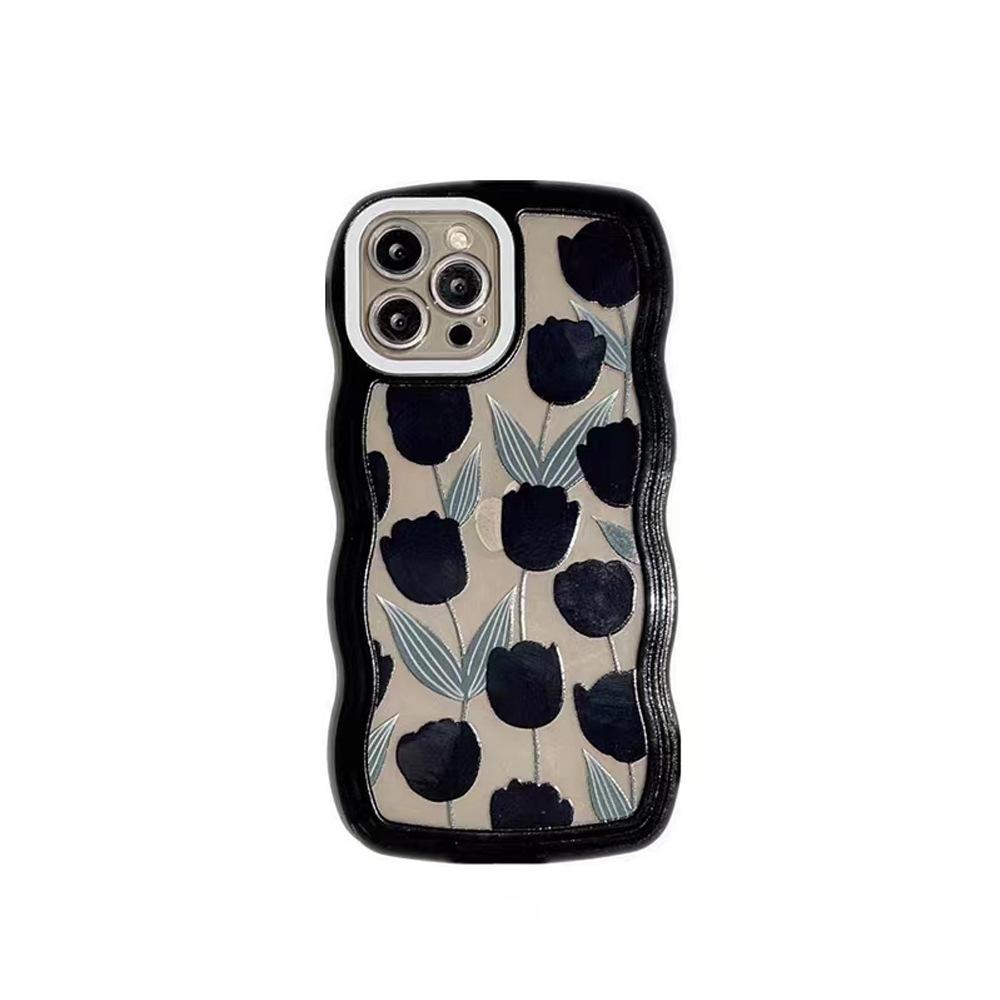 Big Wave Iphone14 Black Love Anti Fall Soft Shell Protective Cover Flower Apple 13 15 16 Mobile Phone Case