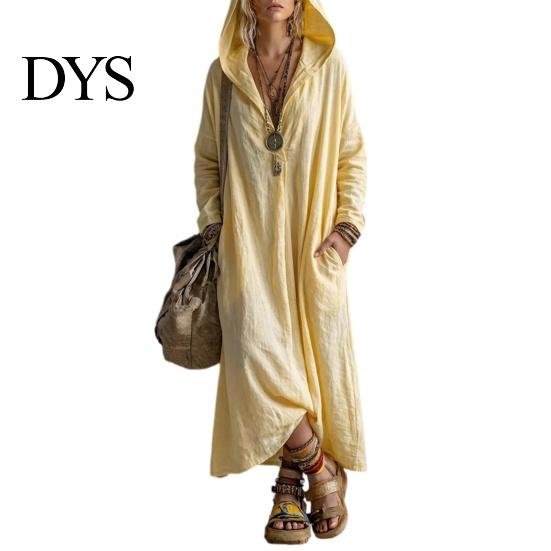 Damen Taschenkleider Langarm Kapuzenkleid, Lässiges Lockeres Boho Maxikleid in Unifarben für den frühen Herbst, V-Ausschnitt mit Taschen V-Ausschnitt