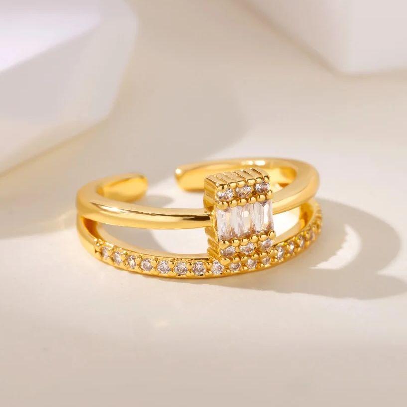 Crystal Double Geometric Rings For Women 18K Gold Plated Stainless Steel Zircon Ring Party Christmas Jewelry Gift