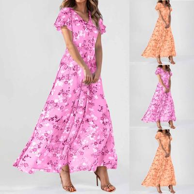 Women's Swing Long Dress Chiffon Floral Short Sleeve Ruffle V Neck Fashion Waist Flowy Dress
