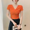 Women's Slimming Cross V-Neck Short Sleeve Cropped T-Shirt - Black Summer Outerwear