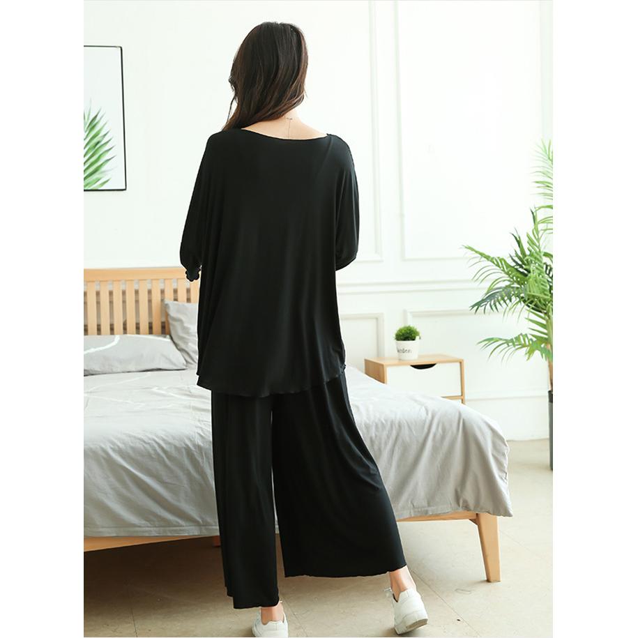 Large Size Home Suits Women Spring Autumn Loose Long-sleeved Pajamas Two-piece Set Nine-point Wide Leg Pants Pijama Sleepwear Femme