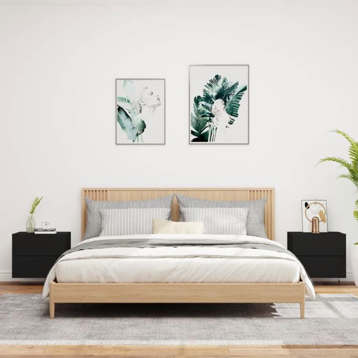 VidaXL Tables de Chevet Murales avec Lumières LED 2 pcs, Armoires de Nuit, Tables de Nuit Chambre, Moderne, Noir Bois 836815