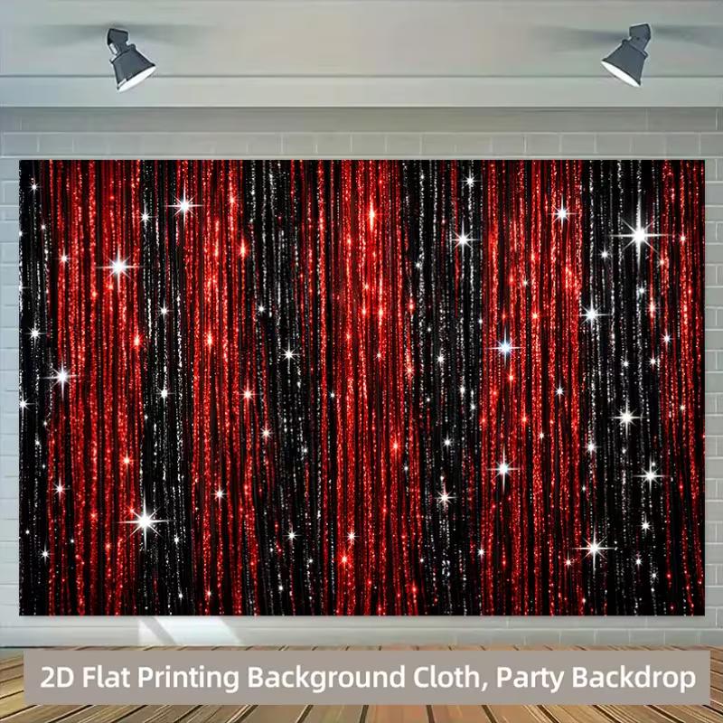 2D Printed Backdrop with Red and Black Glitter Strands and Star Sparkles
