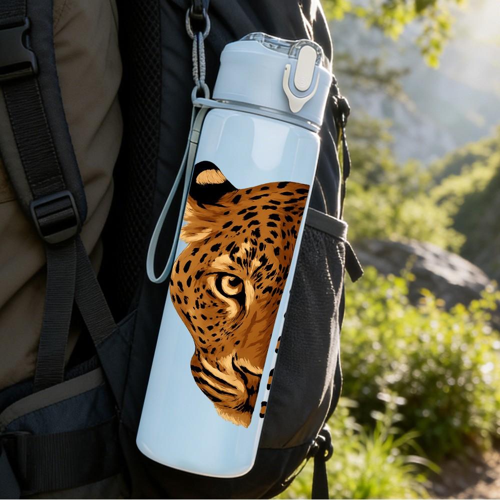 1PC Half Leopard Half Tiger Face 750ml Color Plastic Sports Water Bottle Leakproof Flip Straw Lid Suitable for Sports Office Home Use