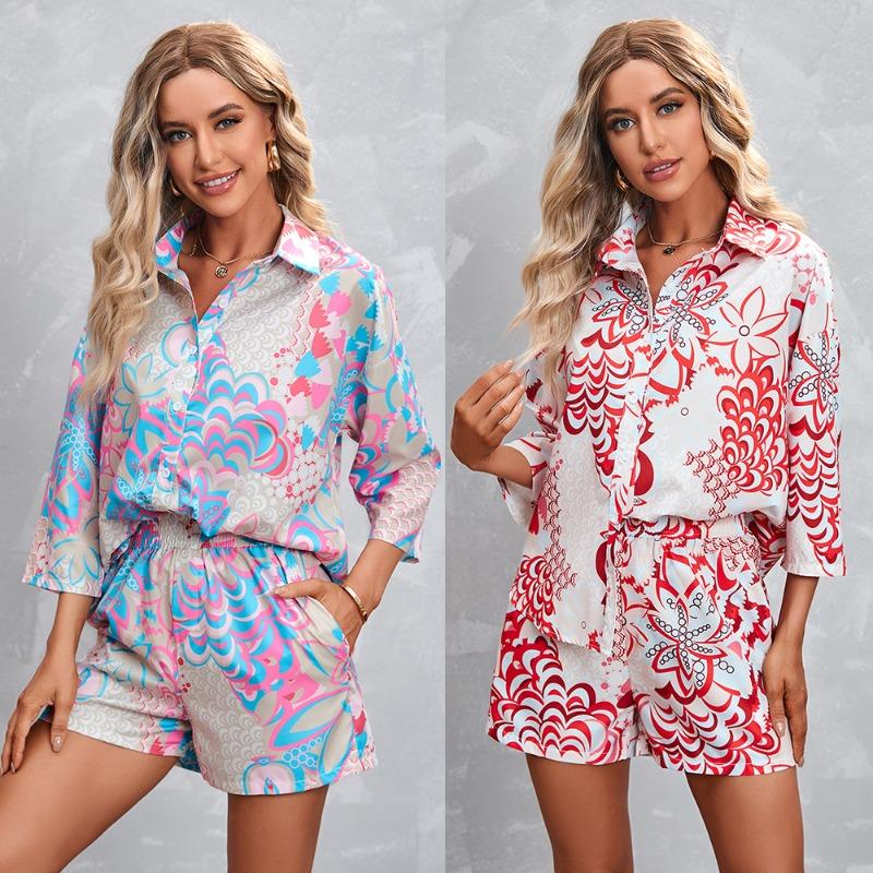 Plus Size Women's New Printed Three Quarter Sleeve Shorts Casual Suit