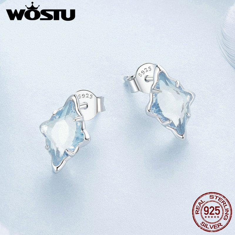 WOSTU 925 Sterling Silver Blue Crystal Geometry Stud Earrings Women Wedding Party Starry Stud Earrings For Girl Daugher Birthday
