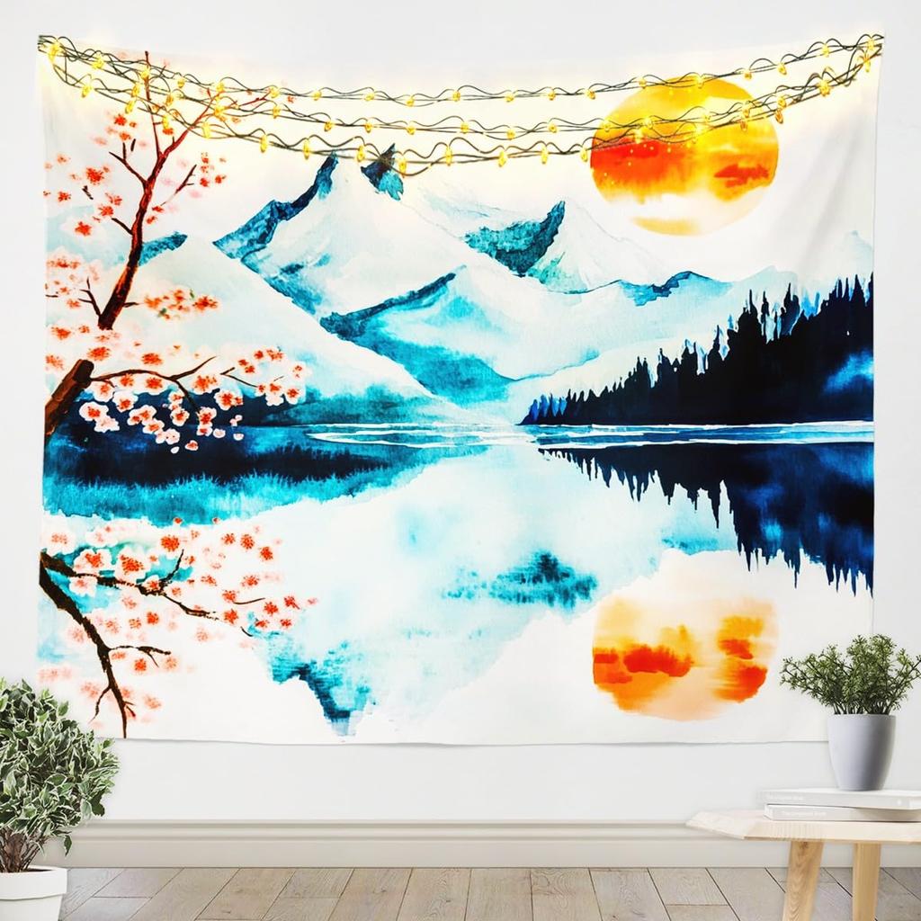 Chinese Cherry Blossom Moon Tapestry, Ink Wash Wall Hanging with Pink Flowers and Full Moon for Zen Aesthetic Bedroom Home Decor