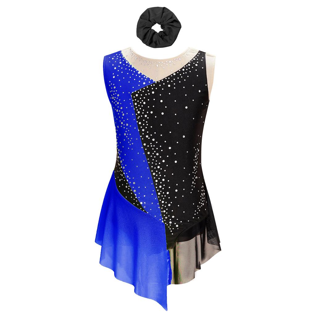 Flickors Konståkningsdansdräkt Glittrig Strass Färgblockad Leotard Genomskinlig Nätmönstrad Ärmlös Bodysuit Hårband Set
