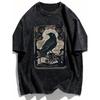 T-shirt Gotica Lavata Nera Vintage Uomo Donna Occulto Corvo Teschio Luna Stampa Vestibilità Larga Girocollo Manica Corta Estetica Maglietta Oscura