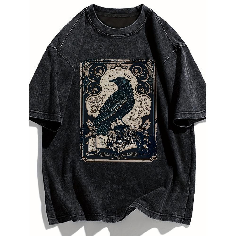 T-shirt Gotica Lavata Nera Vintage Uomo Donna Occulto Corvo Teschio Luna Stampa Vestibilità Larga Girocollo Manica Corta Estetica Maglietta Oscura