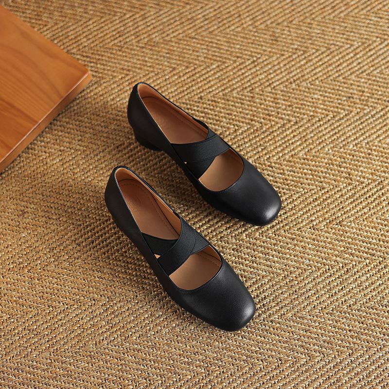 Spring and Summer 2025 New Retro French Square Head Cross Strap Elastic Ballet Low Heel Mary Jane Single Shoes Women
