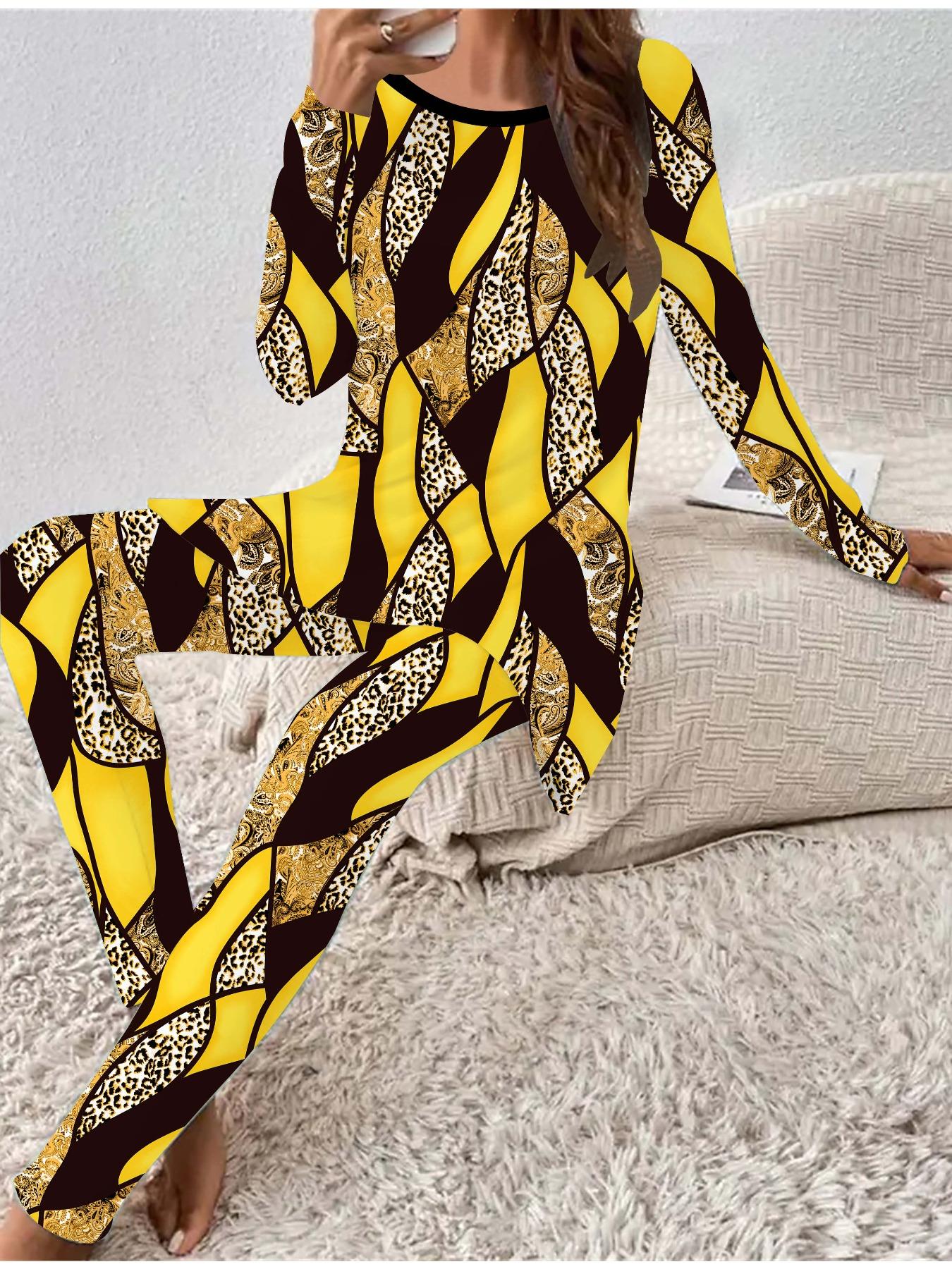 

Евро-американская мода 3D с ретро-принтом женский всесезонный комплект из двух предметов: футболка с длинным рукавом + длинные брюки. Идеальный подарок на Новый год и Рождество 6XL жёлтый