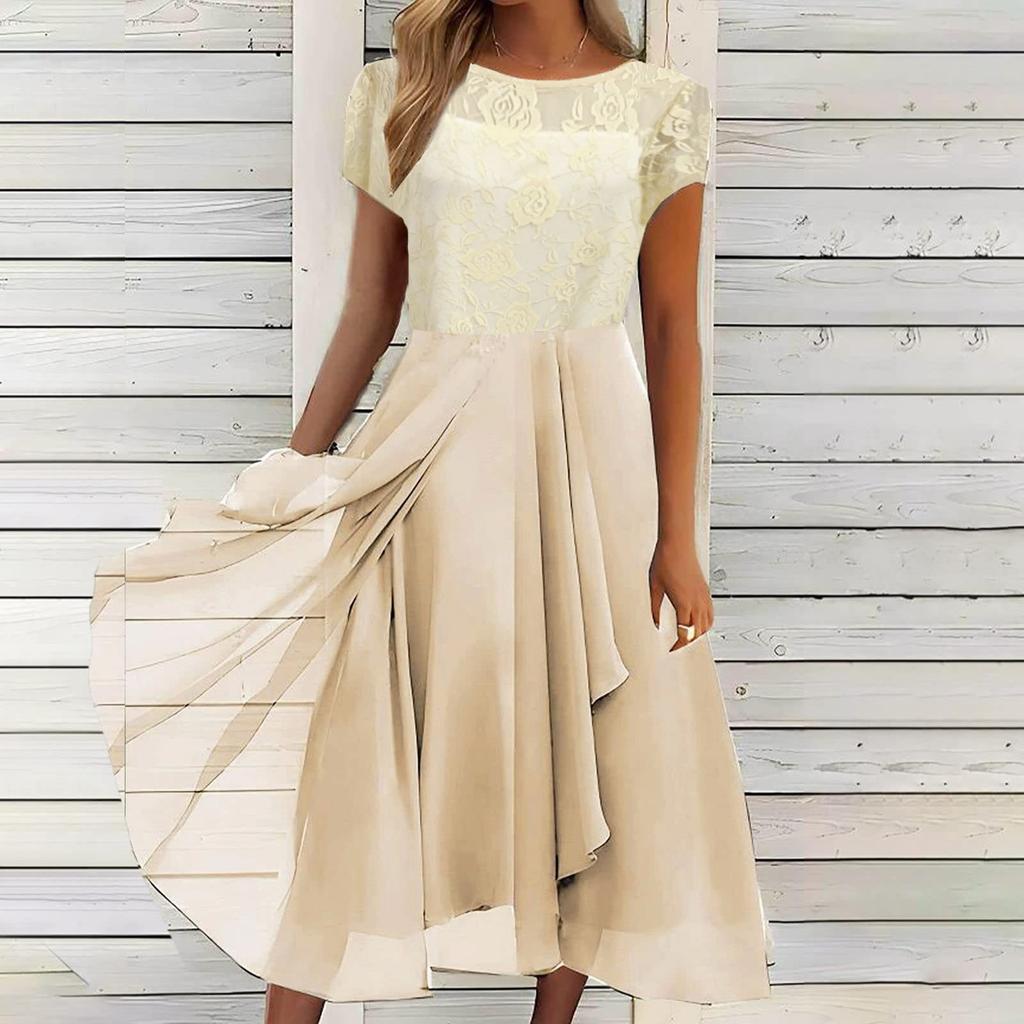 Damen Kleid Chiffon Elegant Spitze Patchwork Kleid Ausschnitt Langes Kleid Brautjungfer Abendkleid