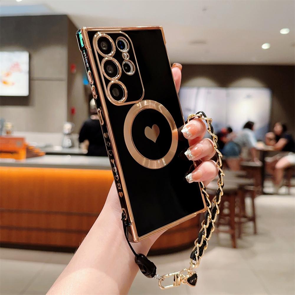 For Magsafe Love Heart Wrist Chain Case for Samsung Galaxy S25 S24 Ultra S22 Plus S23 S21 S20 FE Magnetic Bracelet Plating Cover