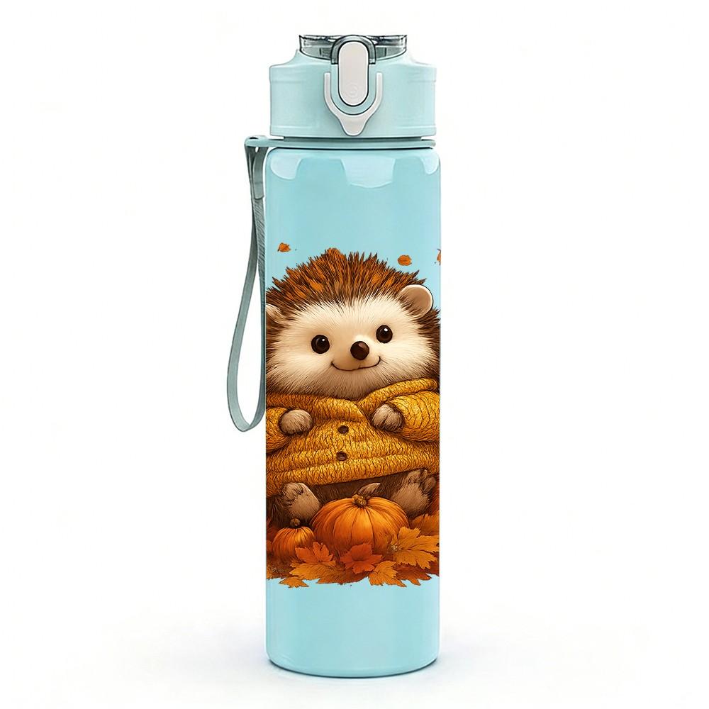 1PC Autumn Leaves Hedgehog Illustration 750ml Color Plastic Sports Water Bottle Leakproof Flip Straw Lid Suitable for Sports Office Home Use