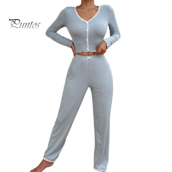 2 Adet/Takım Bahar Kadın Üst Pantolon Takım Uzun Kollu V Yaka Dantel Büzgülü Kenar Kırpılmış Üst Elastik Bel Pantolon Kıyafet Ev Giyim Pijama Takımı