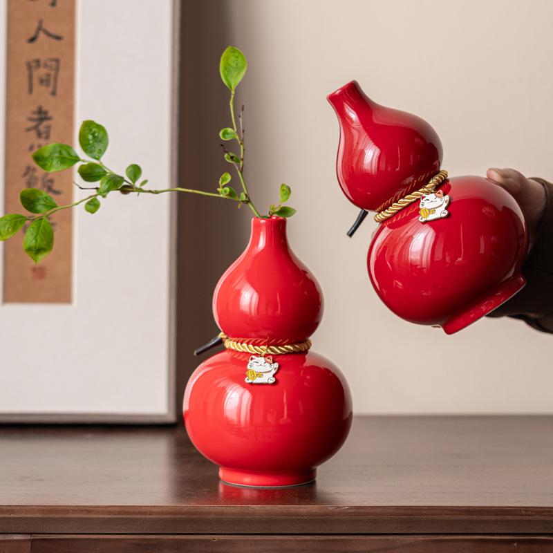 Ceramic Craft Home Living Room Desktop Decoration Ornament Red Vase Creative Wedding Blessing Decoration Bottle Ornament Gift