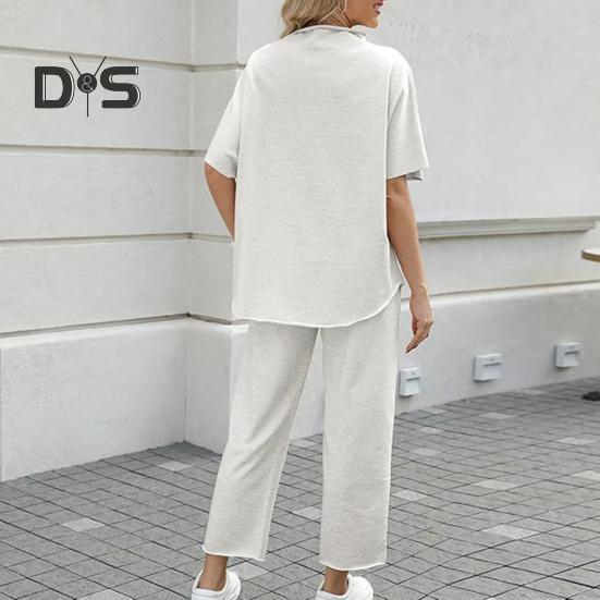 2 ks/sada Dámske Top nohavice Súprava Polovysoký golier Blúzka so širokými nohavicami Elastický pás Nohavice s vreckami Voľný outfit na voľný čas