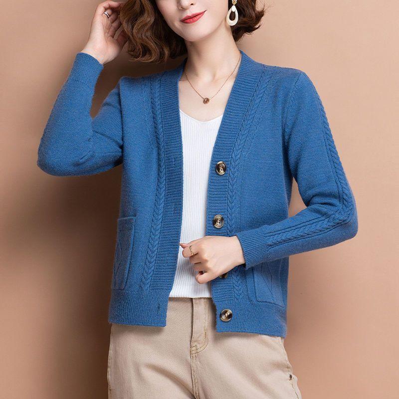 Faionable V-Ne Color Knitted Woolen Coat Women's Loose Large Size Camere Sweater Cardigan Autumn Winter