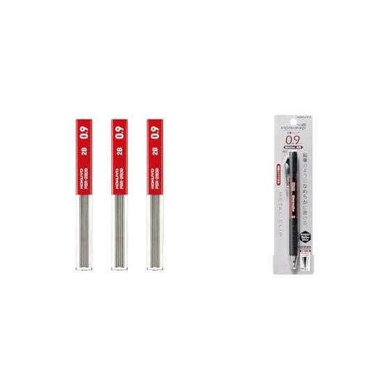 KOKUYO Mechanical Pencil Lead Refills 0.9mm 2B 3-Pack + Mechanical Pencil, Pencil Sharp Type M, Rubber Grip, 0.9mm, Red