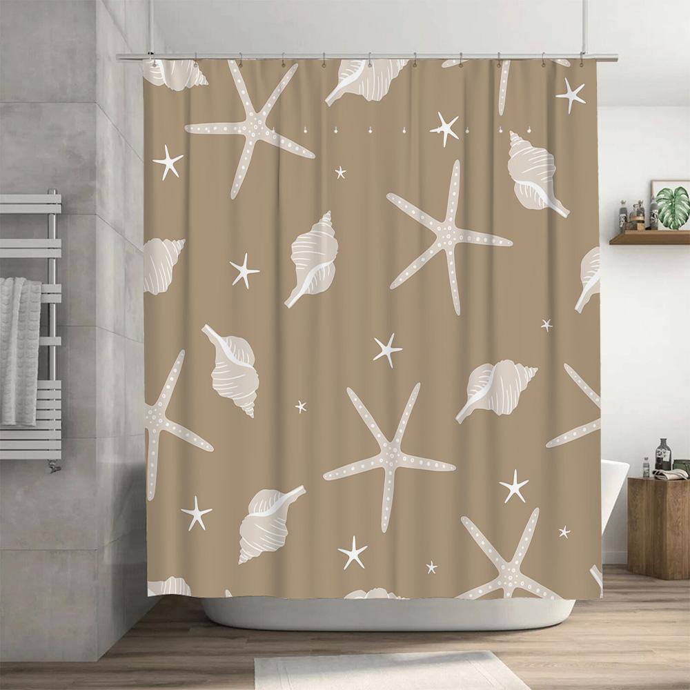 Beach-themed Shower Curtain with White Sea Starfish and Shells for Bathroom Decor In Brown Color (set of 1) Item #XXXXX