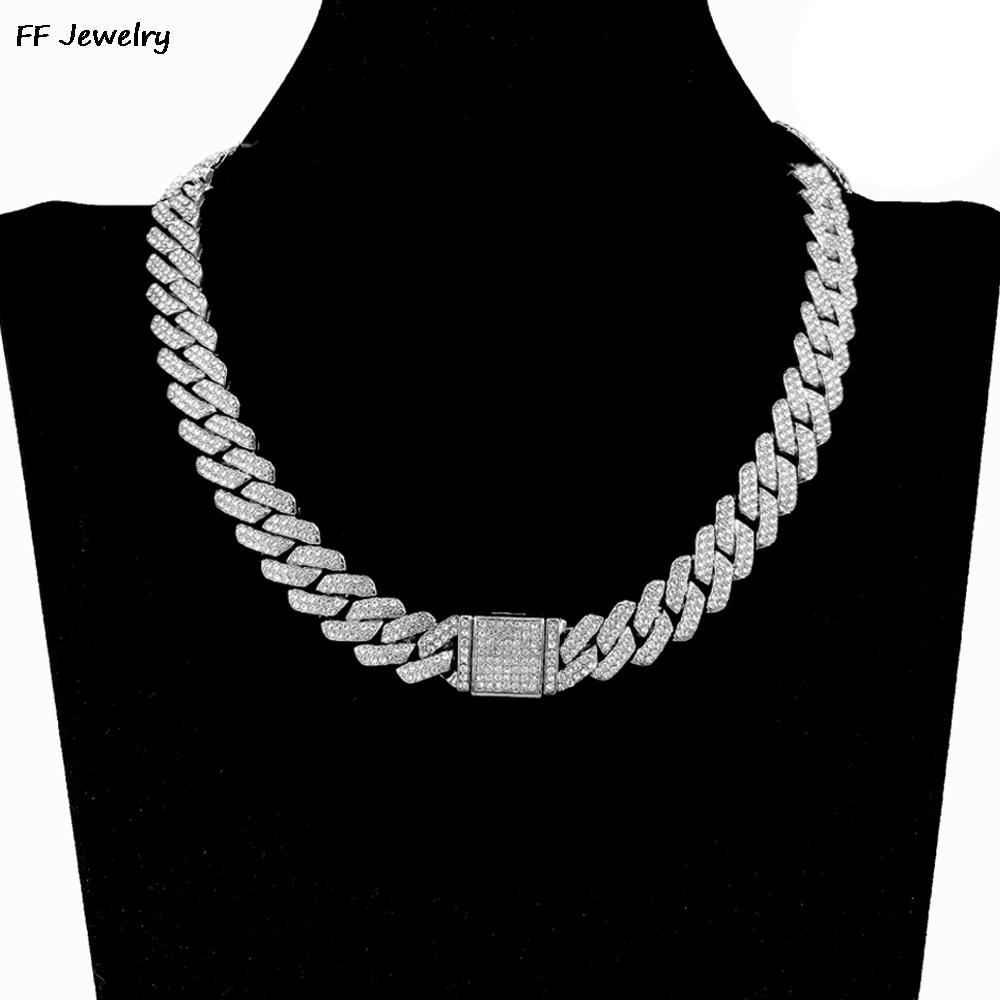 Necklace+Bracelet Cuban Link Chain Hip Hop Men Necklace 14mm Iced Out Paris Chain 2 Row Rhinestone Paved Miami Rhombus Cuban