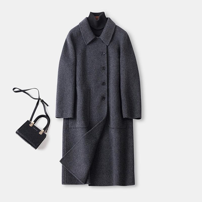 

8801 #New double-sided cashmere coat women s medium and long gray over-the-knee woolen coat versatile and fashionable S темно-сірий