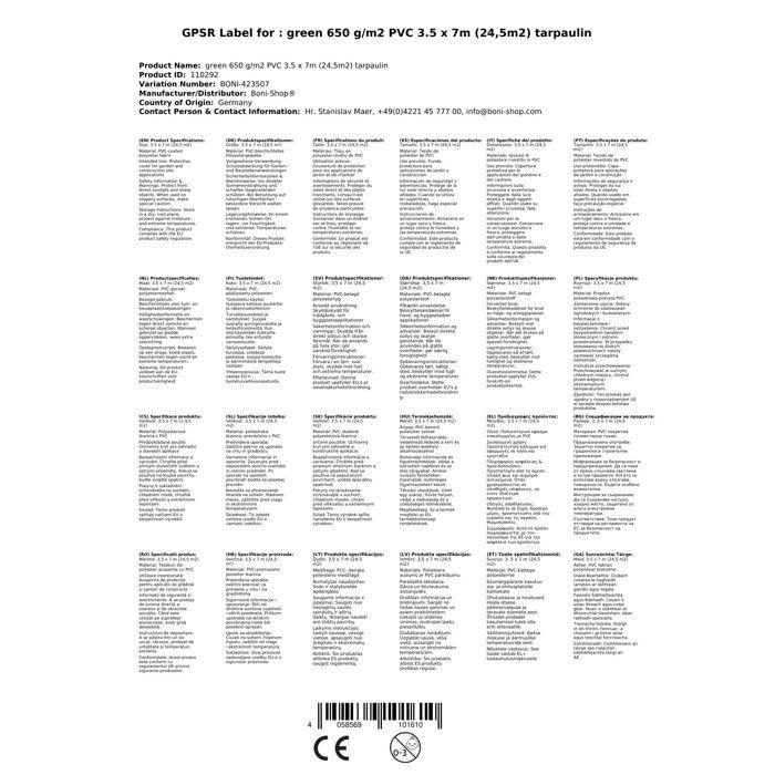 Green PVC Tarp 650g/m², 3.5 X 7m (24.5m²), Waterproof, UV-resistant Tarpaulin